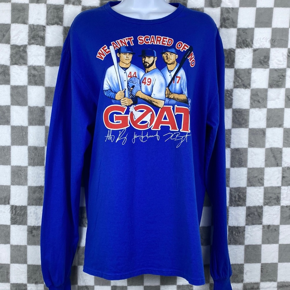 Cubs blue long sleeve t-shirt "we ain't scared of no goat" L Large, #44 #49 #17